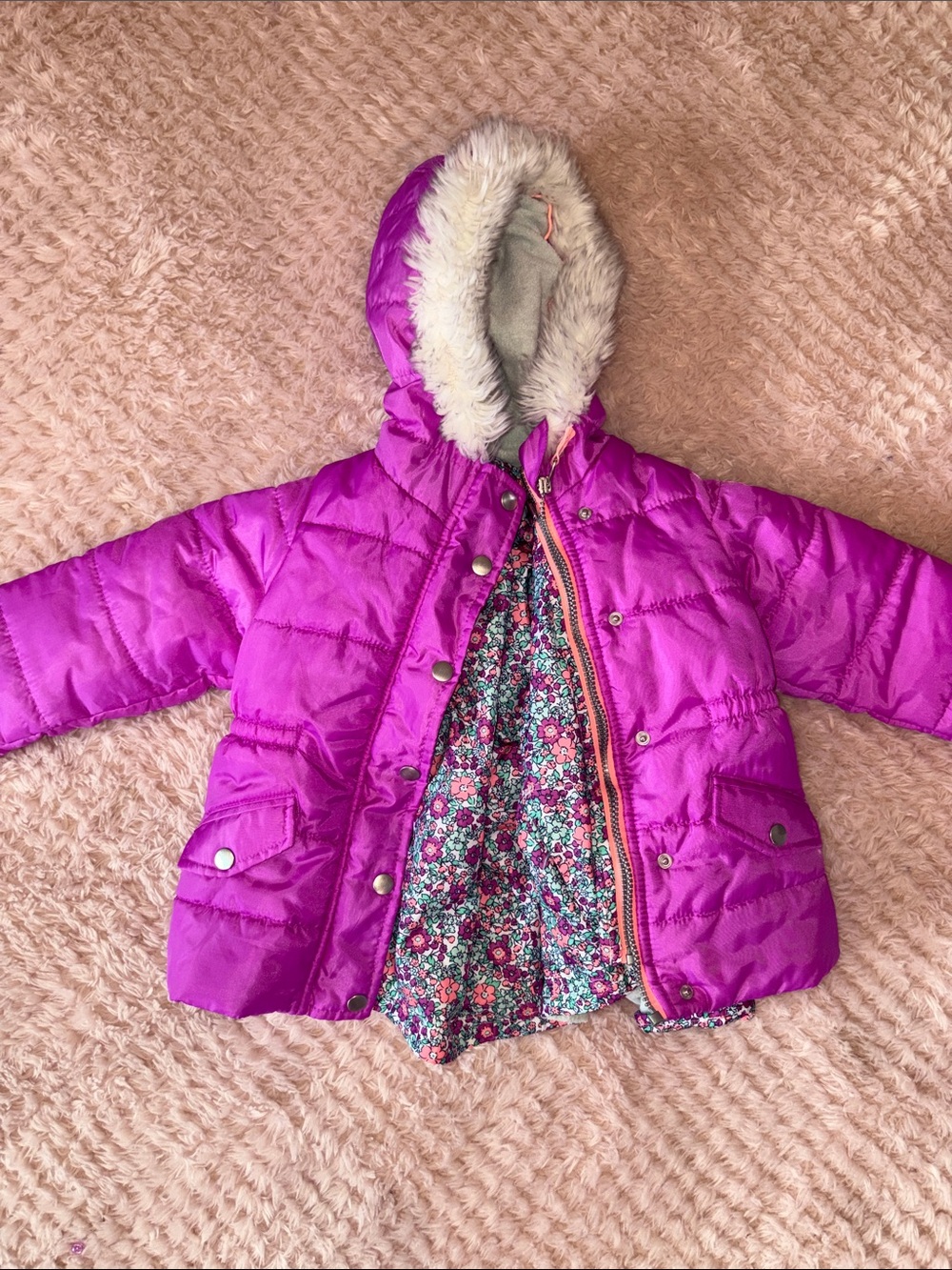 Girls' Bright Purple Faux-Fur Hooded Puffer Jacket